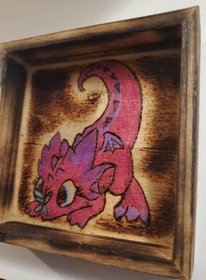 Shadow box baby pink dragon woodburn art - image3